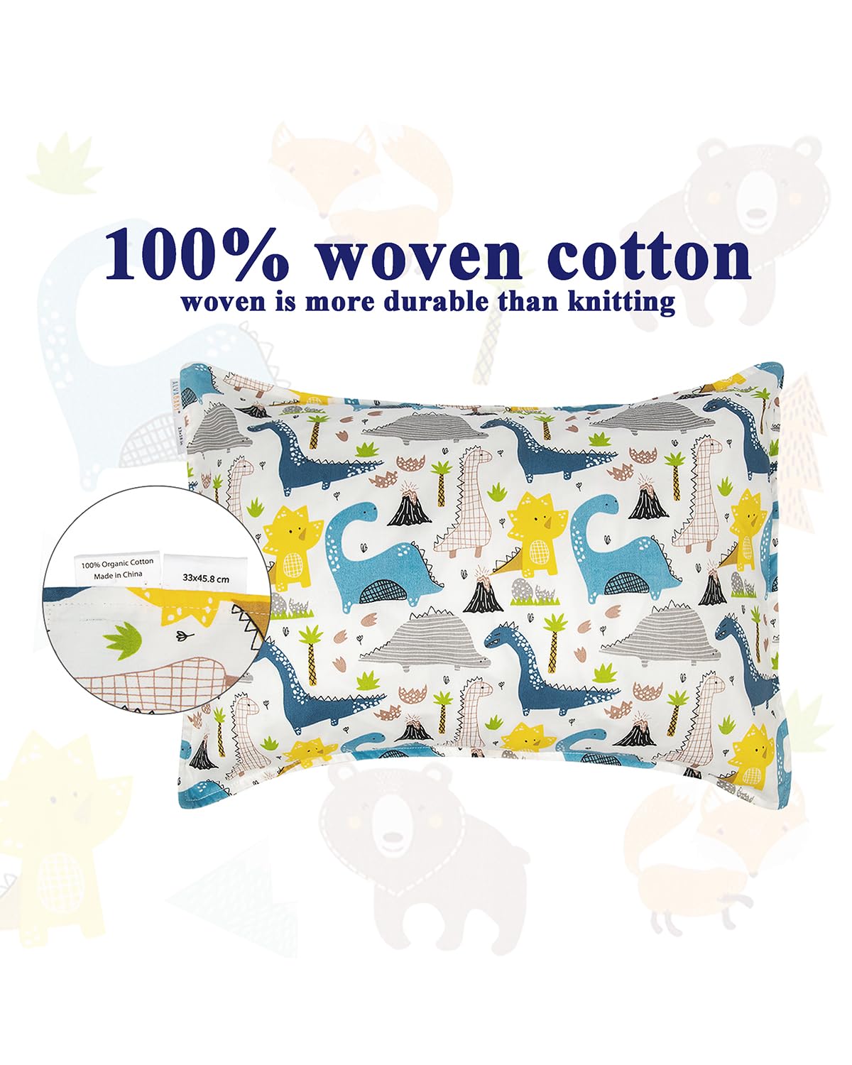 ALVABABY Toddler Pillowcases 2 Pack Organic Cotton Kids Pillow Cover Fit 13"x 18" or 12"x16" Envelope for Girl Boy Sleepy Travel Dinosaur Bear(Pillowcase Only)