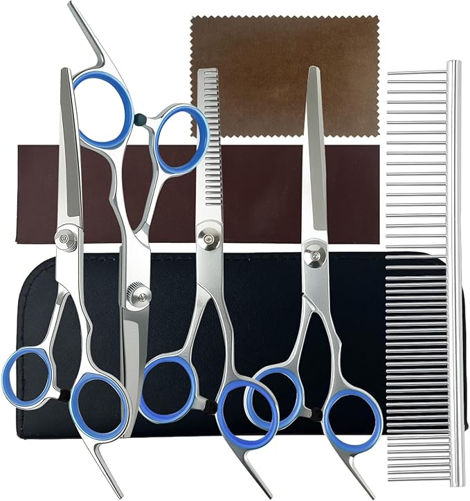 8-in-1 Dog Grooming Kit with Stainless Steel Scissors Professional Dog Trimmer for Grooming Ergonomic Curved Dog Grooming Scissors Perfect for Small and Large Dogs