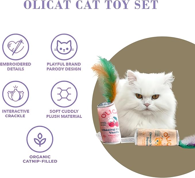 Olicat Catnip Toys, Soft Plush Cat Toys Catnip Filled with Interactive Crackle Sound & Feathers, Safe & Durable Toy for Cats & Kitten, 2 Pcs