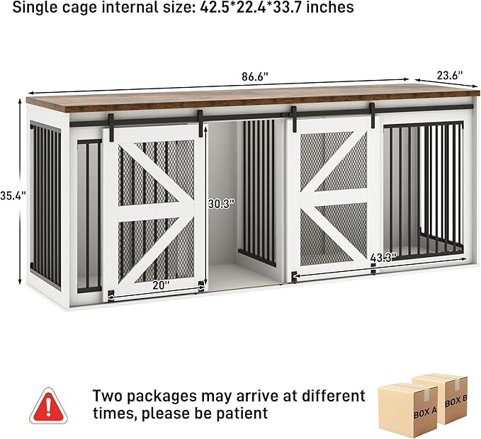 87In Farmhouse Dog Crate TV Stand, Wooden Dog Kennel Furniture with Sliding Metal Mesh Barn Door, Large Dog Crate Furniture for 2 Dogs, Solid Metal Tube & 2 Lockable Doors, White & Brown