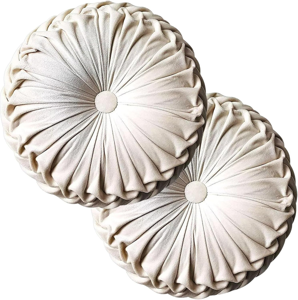 2 Pcs Round Throw Pillows Decorative Pumpkin Velvet Boho Pleated Bed Pillows Back Support for Couch Chair Dorm Car 14.96'' (Beige)