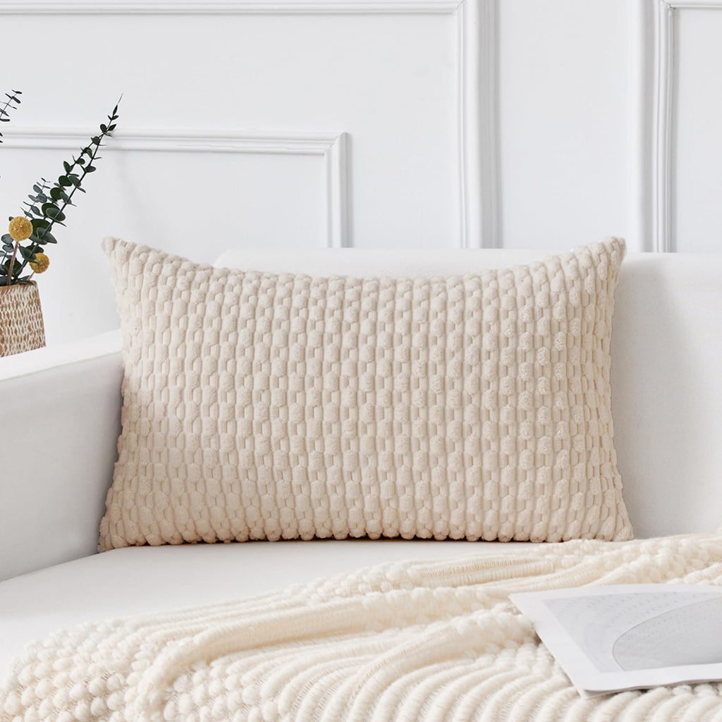 Kevin Textile 12x24 Inch Pillow Cover 1 Pack Boho Decorative Soft Striped Corduroy Lumbar Farmhouse Solid Color Accent Rectangle Cushion Case for Living Room Couch Sofa Bed, Cream White
