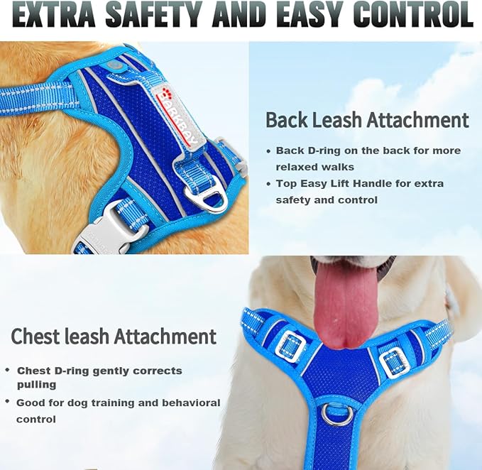 BARKBAY No Pull Dog Harness Large Reflective Dog Harness with Front Clip and Easy Control Handle for Walking Training Running with ID tag Pocket(Sapphire Blue & Blue,XL)