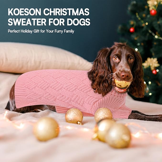 KOESON Large Dog Sweater, Warm Christmas Dog Sweaters for Large Dogs, Cable Knit Sweater for French Bulldog, Pug, Corgi, Boston Terrier, Easy On Xmas Sweaters for Dogs, Pink, L
