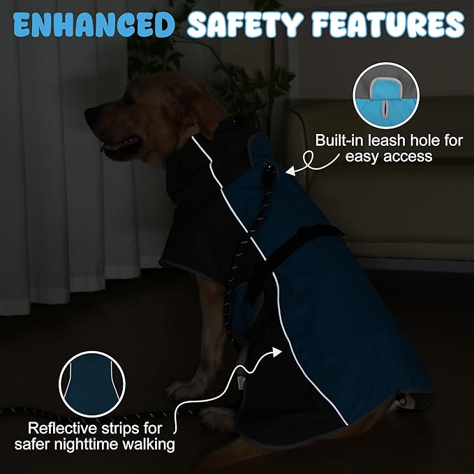 Dog Raincoat, Waterproof Dog Coat with Reflective Straps, Leash Hole & Polar Fleece Lining, Winter Dog Rain Coat for Small, Medium & Large Dogs, Warm, Windproof Dog Vest Jackets