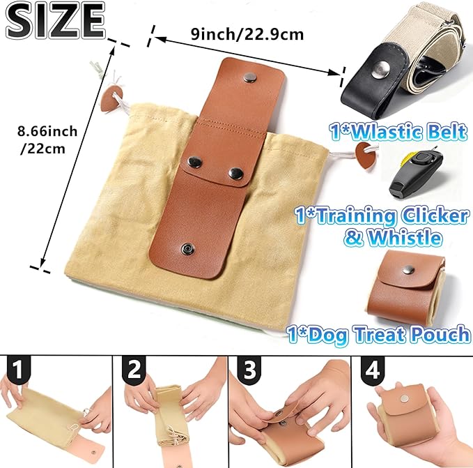 Dog Treat Pouch with Training Clicker & Whistle - Stylish & Portable Large-Capacity Foldable Pet Training Pouch with Wlastic Belt for Outdoor Use/Pet Training (Khaki)