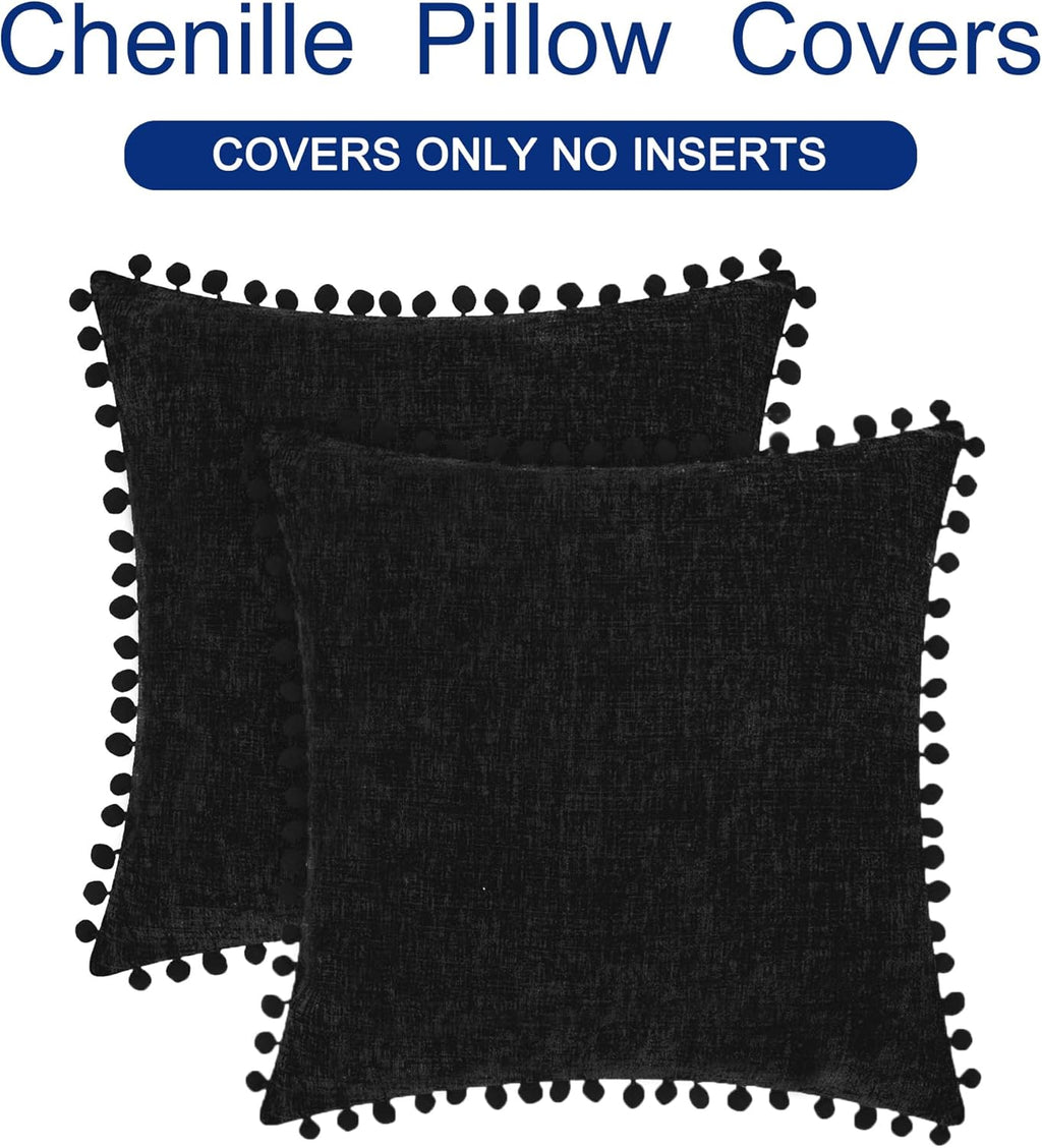 CaliTime Throw Pillow Covers Decorative 16 X 16 Inches Pack of 2 Cozy Solid Dyed Soft Chenille Cushion Cases with Pom Poms for Couch Sofa Bed Living Room Home Black