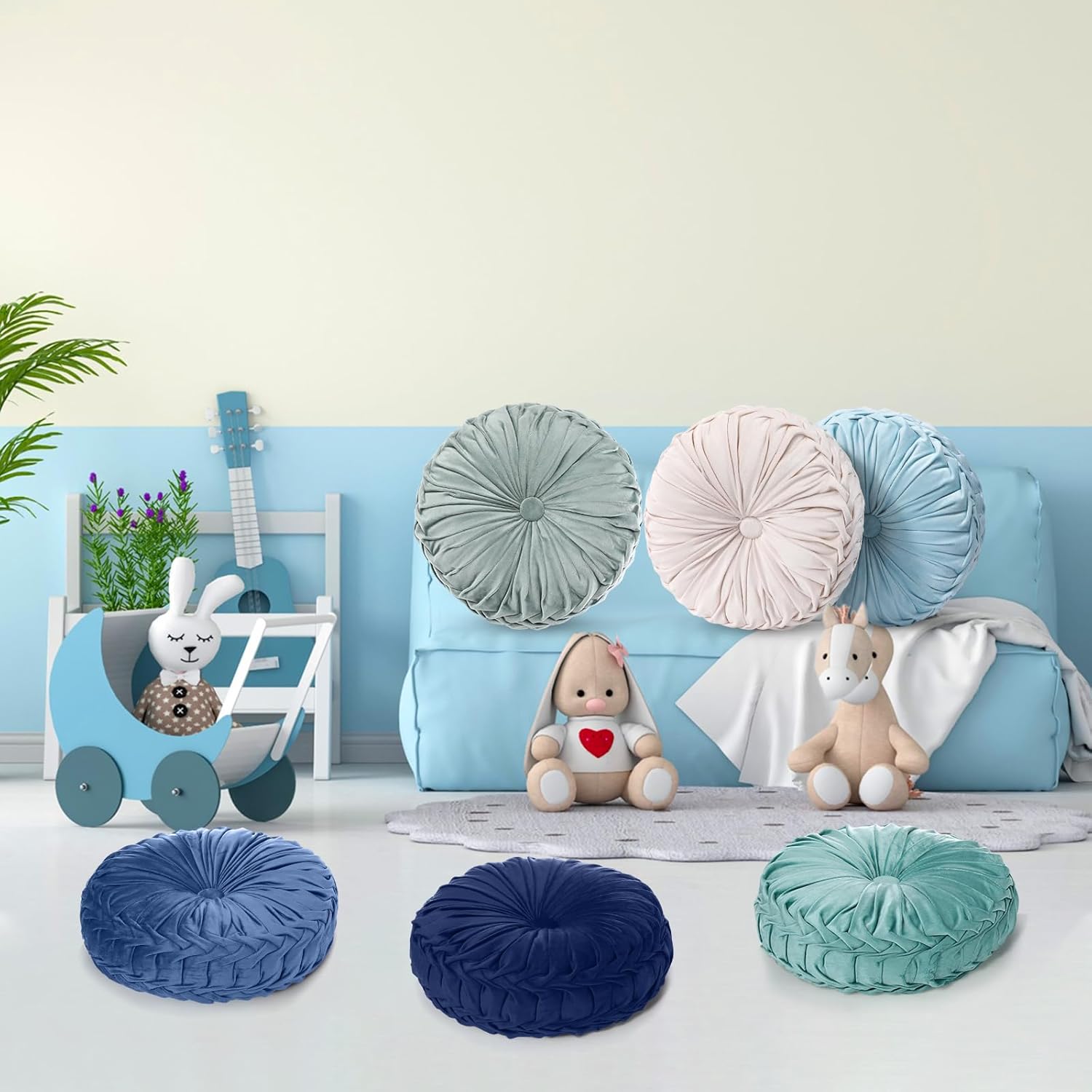 Yerliker 6 Pcs Floor Pillow Cushions 15inch Round Velvet Throw Pillows Colorful Flexible Cushions Alternative Pillows for Couch Chair Living Room Bedroom Home Office Decor(Blue Color)