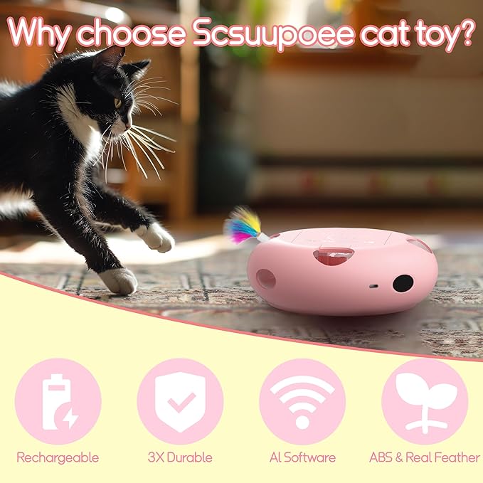 Interactive Cat Toy, Electric Cat Toys for Moving Concealed Feathers, Smart Sensor 7 Holes Whack a Mole Feather Toy, USB Charge Automatic Kitten Toys, Pink