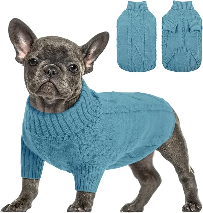 Queenmore Small Dog Pullover Sweater, Cold Weather Cable Knitwear, Classic Turtleneck Thick Warm Clothes for Chihuahua, Bulldog, Dachshund, Pug (Peacock Blue, Medium)