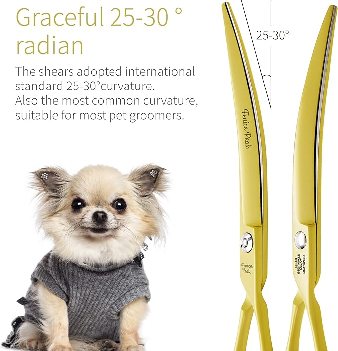 Fenice Peak Curved Dog Grooming Scissors with Yellow Color Coating 440C Stainless Steel Pet Grooming Bending Shears Sharp and Durable Comfortable Engonomic Handle