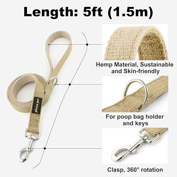 Plutus Pet Cotton Hemp Dog Collar and Leash Set, Adjustable Collar for Small, Medium, and Large Dogs, Heavy Duty and Soft on Skin, Khaki, S