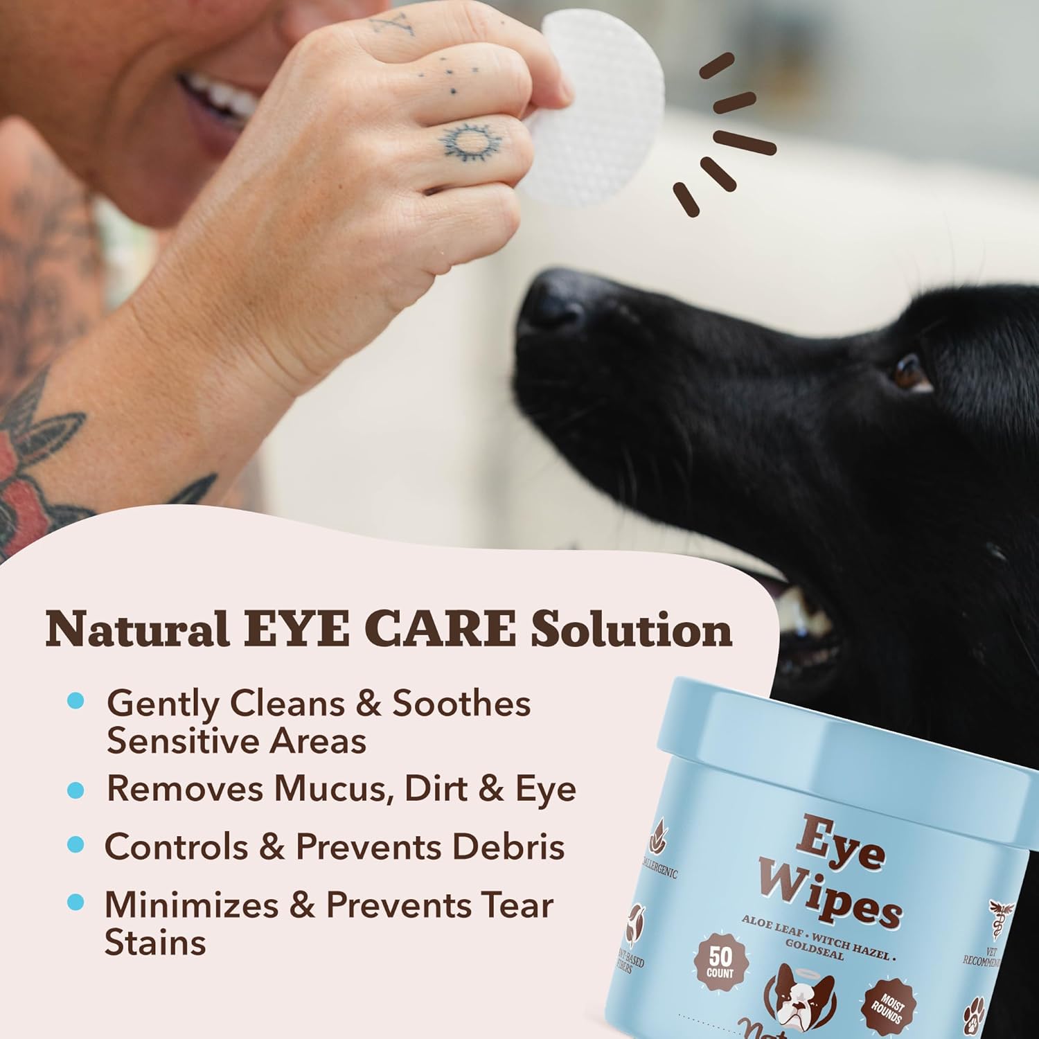 Natural Dog Eye Wipes for Dogs -50 Cnt- Soothing Dog Eye Wipes with Natural, Non-Irritating Ingredients Green Tea & Goldenseal, Effective Dog Tear Stain Remover Wipe & Dog Eye Gunk Remover Wipe, Vegan