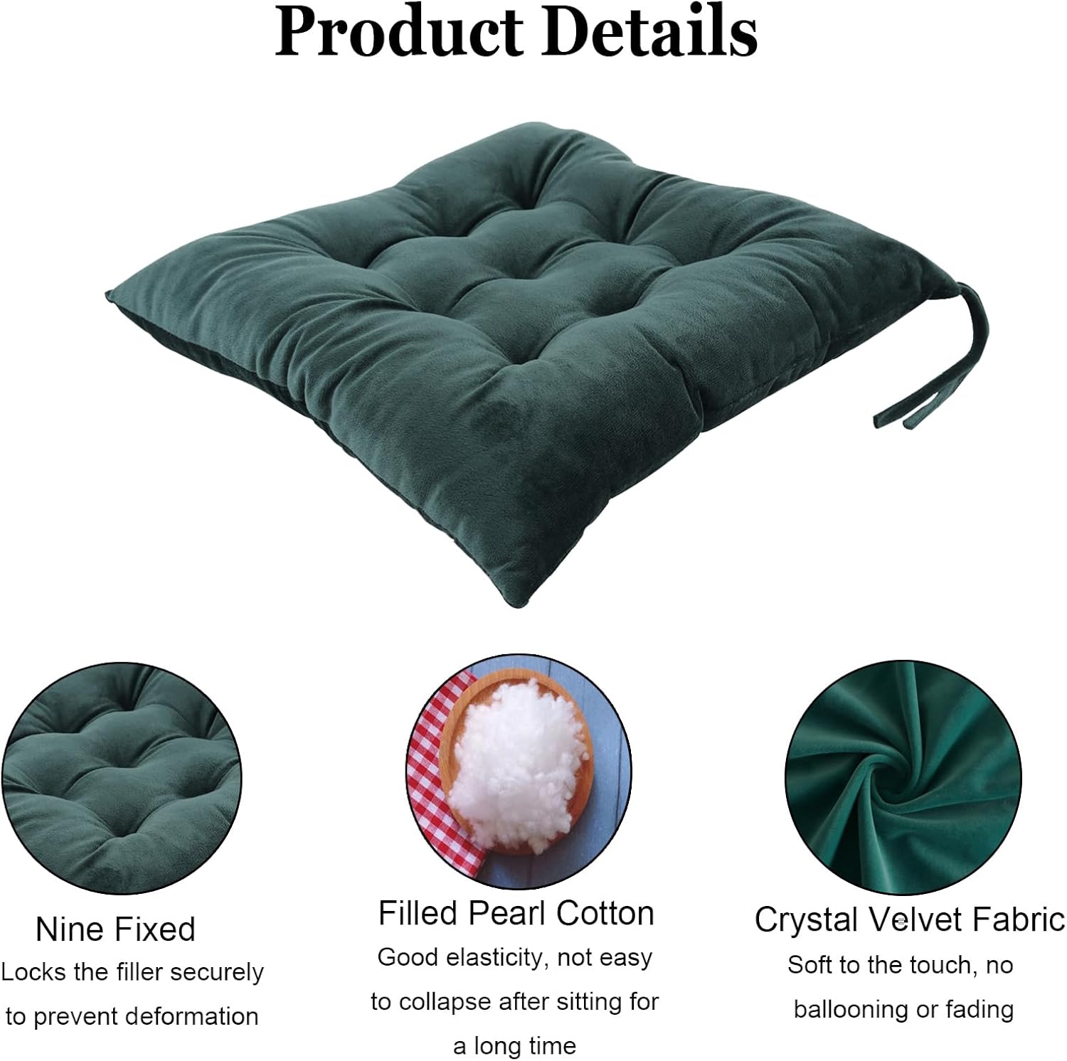 6 Pack Square Seat Cushion Chair Pads for Kitchen Dining Chairs, Soft Comfort Velvet Chair Mat Pillow Cushions with Ties for Office Desk Living Room Tatami 15.5", Dark Green