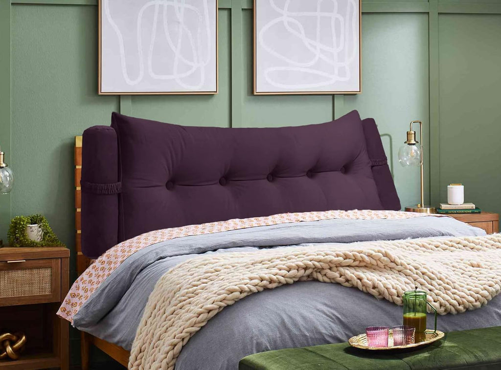 Triangular Reading Bed Rest Pillow Large Bolster Cushion Headboard Backrest Wedge Pillow with Two Detachable Roll Pillows for Neck & Lumbar Support (Purple, Queen: 59 x 8 x 20 inches)