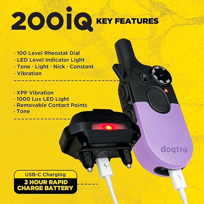 Dogtra 200iQ Remote Training E Collar – 100 Levels, Tone, Vibration, 1/2 Mile Range – Compact, Waterproof, One-Handed Control for Dogs 10 lbs+ – Lightweight Design for Daily Training – Lavender