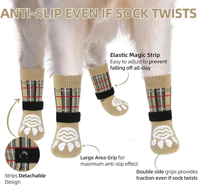 PUPTECK Anti Slip Dog Socks 2 Pairs with Double Grippers for Hardwood Floors, Shoes for Hot/Cold Pavement, Boots & Paws Protectors to Prevent Licking, Traction Booties for Senior Small Large Dogs