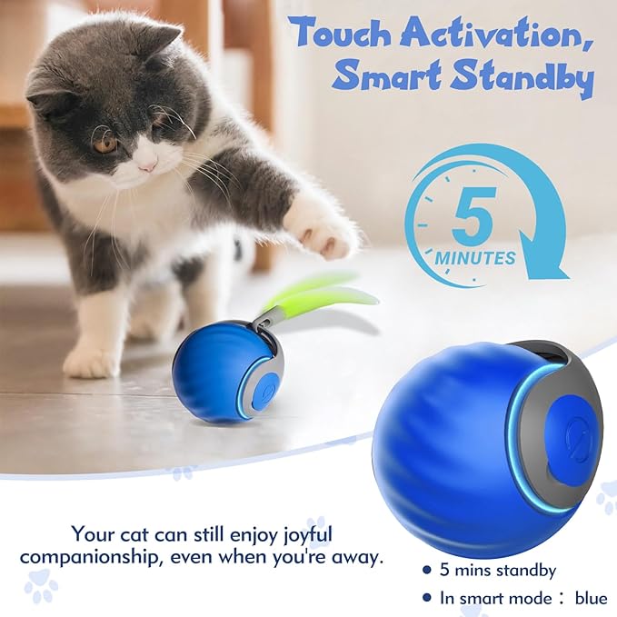 Interactive Cat Toys for Indoor Cats, Automatic Speedy Moving Cat Toy Turbo Ball with Tail 3.0 for Bored Indoor Adult Cats, Rechargeable Chase Motion Activated Kitten Toys - Blue
