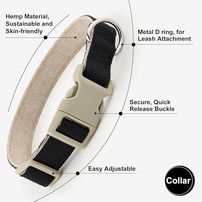 Plutus Pet Cotton Hemp Dog Collar and Leash Set, Adjustable Collar for Small, Medium, and Large Dogs, Heavy Duty and Soft on Skin, Black, M