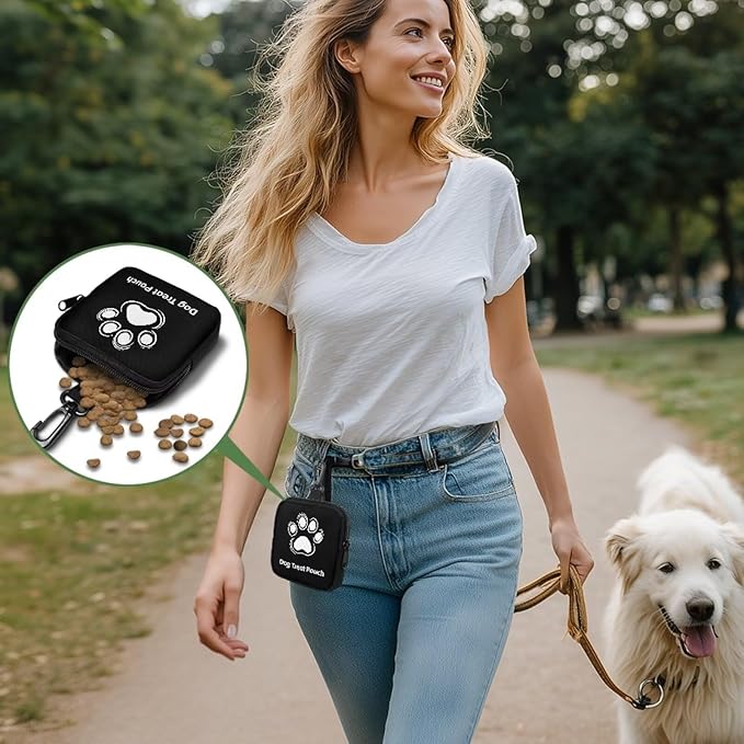 KEIAHUAN Dog Treat Pouch Small Dog Treat Bag Hands Free Dogs Walking Bags with Carabiner Self-Closing Pet Feed Snack Reward, for Puppy Travel or Outdoor Use, Black