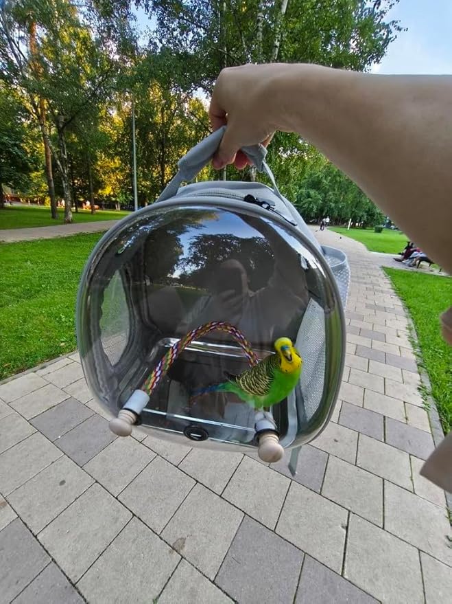 Small Bird Travel Backpack Carrier Cage, Backpack to Transport Backpack Carrier with Metal Tray Stand Perch for Parakeet Cockatiel Budgies Vet Carry Book Bag Grey