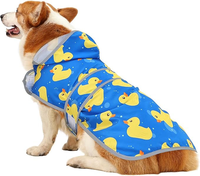 Dog Raincoat for Medium Dogs Waterproof Hooded Rain Jacket with Reflective Strips Leash Hole & Poncho Adjustable Fit (ShinyDuck,L)