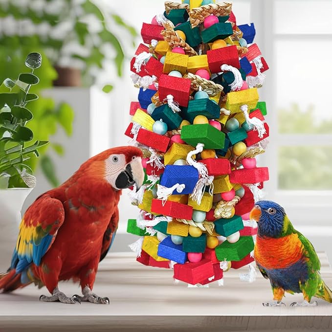 Bird Toys for Large Parrots Colorful Natural Wood Block Parrots Chew Foraging Toys for Bird Cages Cockatoos, Macaws, African Greys, and Amazons
