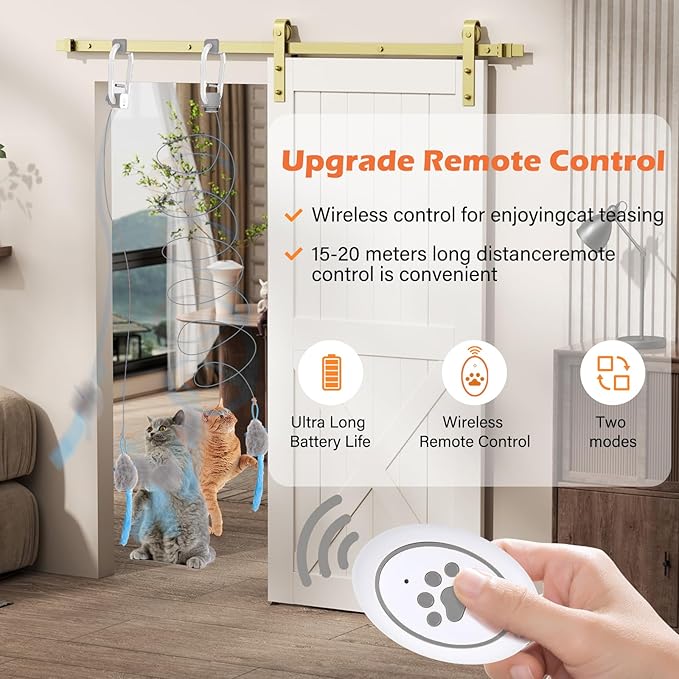 Rechargeable Electric Cat Teaser with Remote – Interactive Door Clip Toy for Cats, 2 Motion Modes (360° Spin & Irregular Jumping), Smart Auto Cat Toy for Exercise & Fun (Gray)