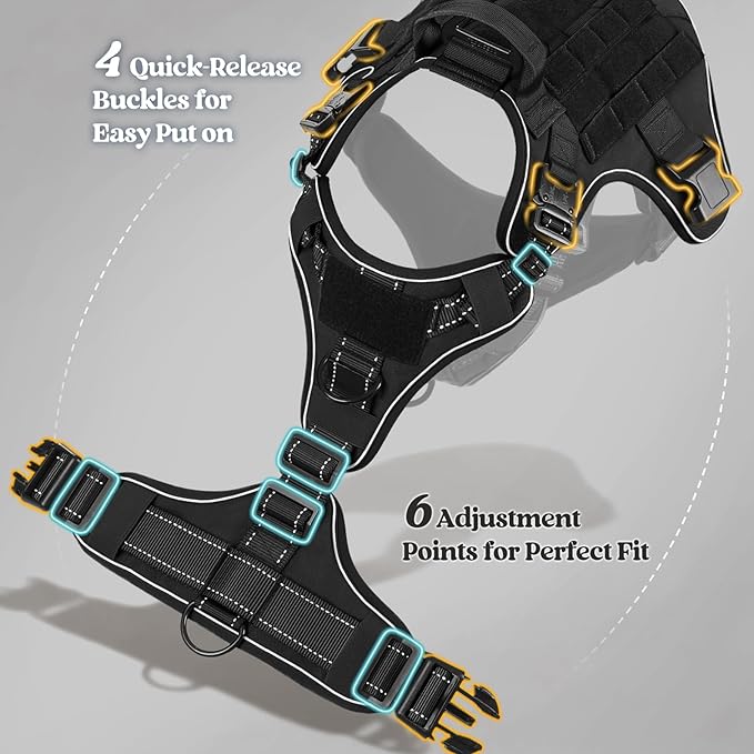 rabbitgoo Tactical Dog Harness for Large Dogs, No Pull Upgraded Reflective Heavy Duty Molle Vest with Handle, Adjustable Military Service Dog Vest for Walking Hiking Training, Black, XL