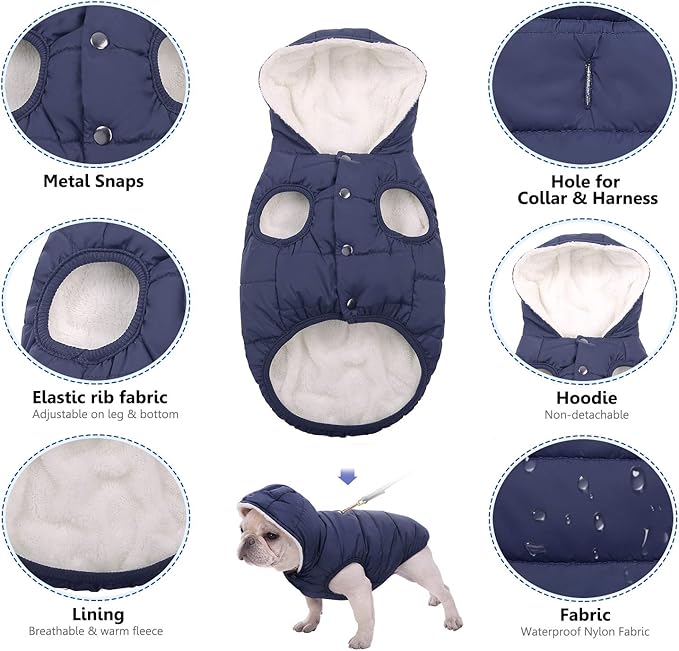 Fleece Hoodie, Windproof Waterproof Coat, Winter Warm Jacket, Cold Weather Pet Apparel Clothes Vest for Small Medium Large Dogs (XS, Blue)