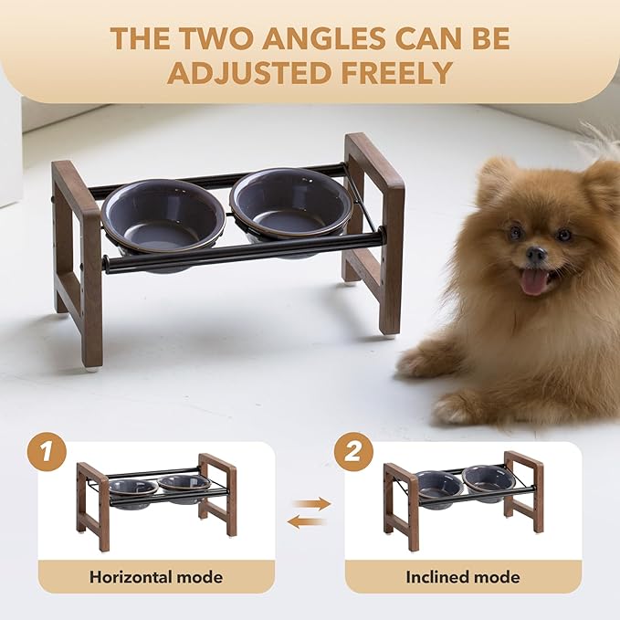 5.5inch Ceramic Adjustable Raised Double Bowls Set with Stand, 3 Heights Elevated, 2 Placement Options, Food and Water Dishes for Puppy, Cats（Double Bowls+Stand, Reactived Glaze -Grey