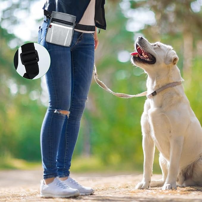 Dog Treat Pouch - 3 Ways to Wear Treat Pouches for Pet Training and 2 Pieces Clicker Taining for Dogs, Dog Training Treat Pouch Bag and Dog Clicker for Training with Waist Belt Shoulder Strap - Grey