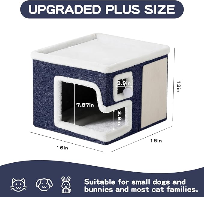 Cat Houses for Indoor Cats, Covered Cat Cave Bed with Scratch Pad and Fluffy Ball, Foldable Cat Hideaway Condo for Large Cats, Modern Kitten Bed,16.5x16.5x13 inches (Blue, Large)