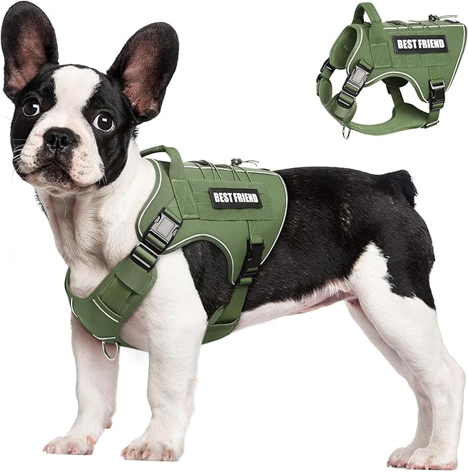 Tactical Dog Harness Small Sized Dog,No Pull Military Dog Vest with Handle,Reflective Heavy Duty Pet Harness for Walking Hiking Training Green S