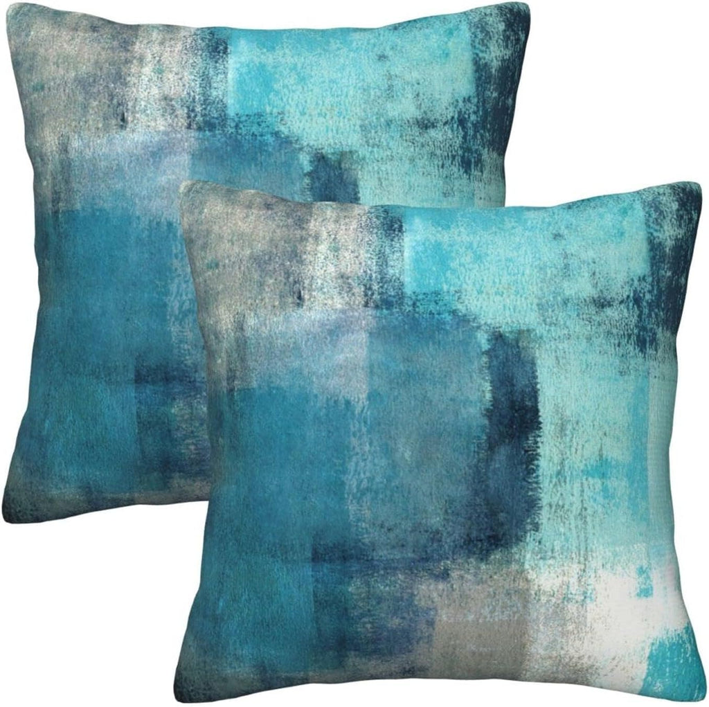 bassyil Teal Grey Abstract Art Painting Throw Pillow Covers Decorative Linen Pillow Cases Set of 2 Square Cushion Cover for Couch Sofa Bedroom 18x18 Inch