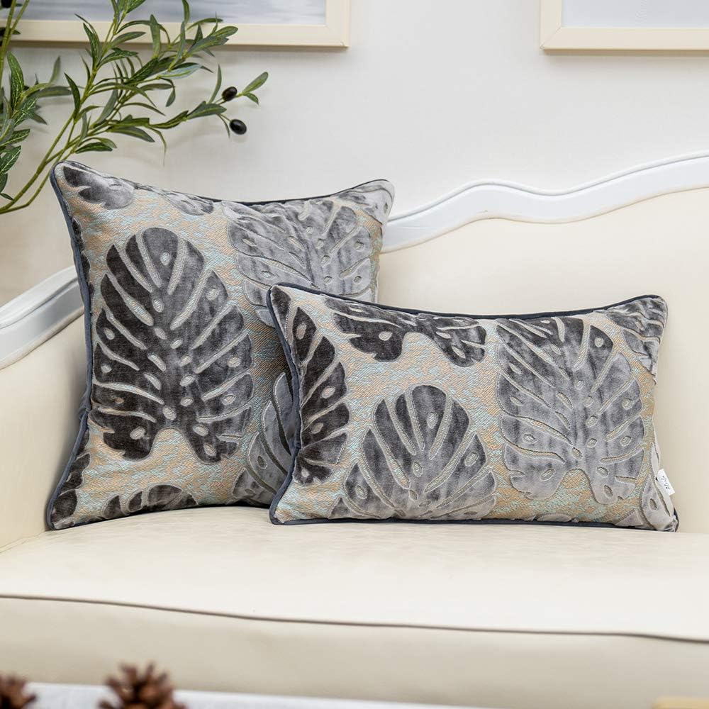 Alerfa 18 x 18 Inch Square Leaf Pillow Embroidery Cut Velvet Cushion Case Luxury Modern Lumbar Throw Pillow Cover Decorative Pillow for Couch Sofa Living Room Bedroom Car, Gray Silver