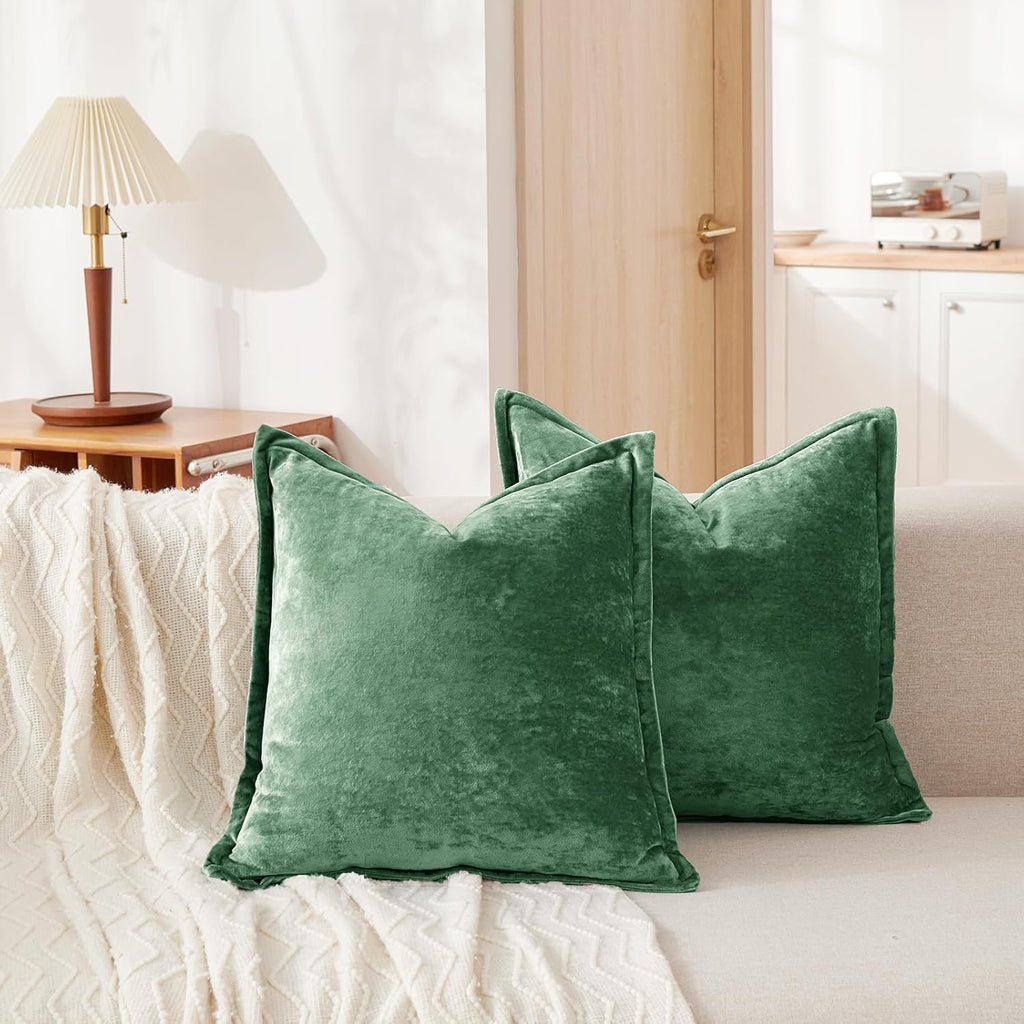 Luxurious Velvet Euro Shams Decorative Throw Pillow Covers 26x26 Set of 2 Solid Square Euro Pillow Shams for Sofa Couch Bedroom, Green