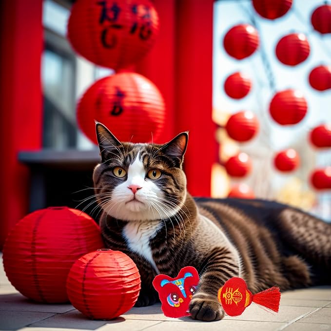 Lunar New Year Cat Toys for Bored Indoor 6 Pcs Xmas Plush Catnip Toys Training Kitten Chewing Interactive Toys Chinese Red