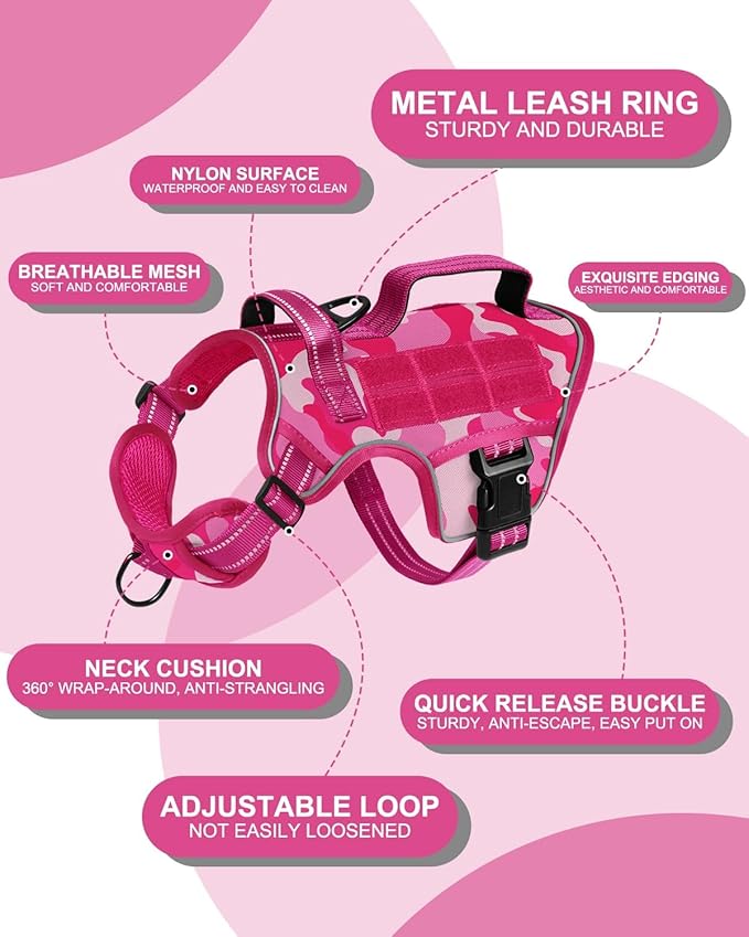 Small Dog Harness, Heavy Duty Tactical No Pull Dog Harness, No Choke, Easy On and Off Pet Vest with Molle System, Adjustable Reflective Dog Vest with Breathable Padded for Walking Hiking Training