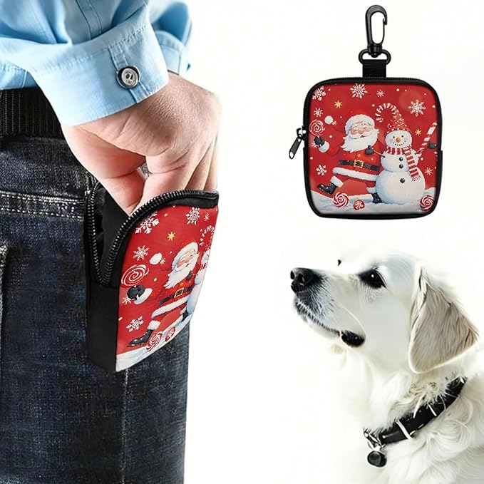 KEIAHUAN Christmas Dog Treat Pouches Small Portable Training Walking Treat Bag for Puppies with Clasp Reusable Pet Treat Container Coin Purse with Zipper Closure, Santa Claus Snowman