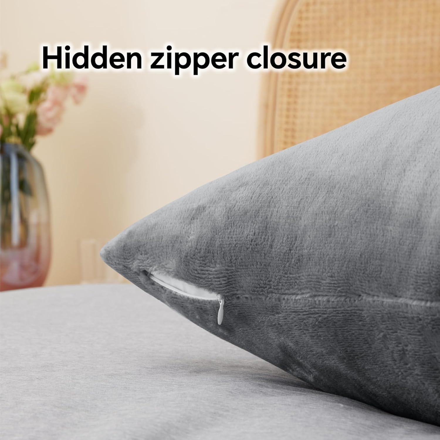 BEDELITE Flannel King Size Pillow Cases Set of 2, Super Soft Fleece Pillowcases with Zipper for Bedroom, Sofa, Couch,Luxury Cozy Fuzzy Velvet Pillow Shams for All Seasons(20x36 Inches,Gray)