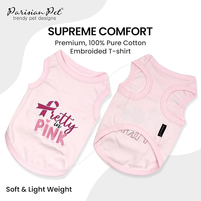 Parisian Pet Dog Tshirt - Embroidered “ Pretty in Pink “ Girl Dogs Apparel - Breathable and Lightweight Dog Clothes - Sleeveless Doggy Tee Shirts - Machine Washable Shirt for Large Dogs - 3XL