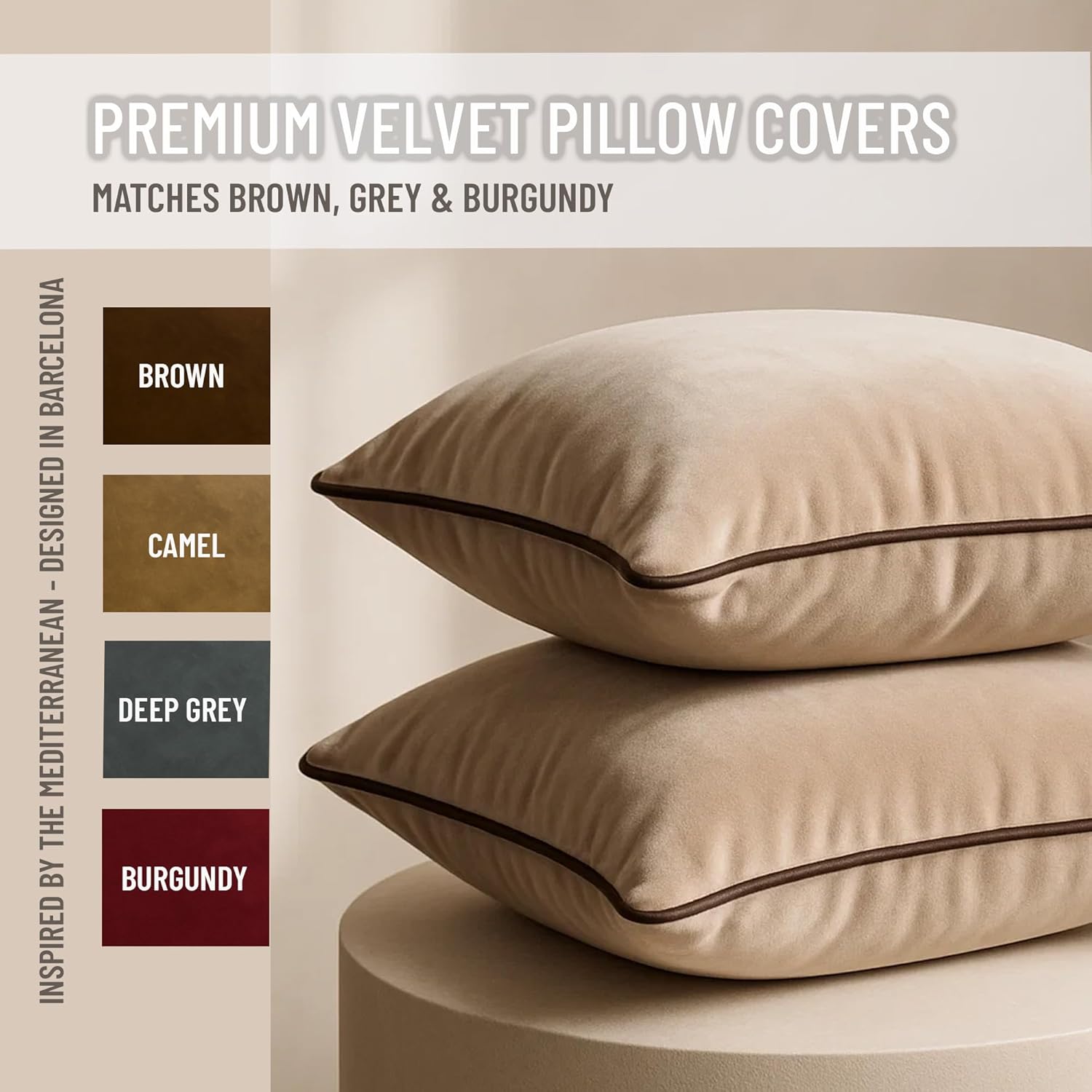 2 Pack Velvet Decorative Throw Pillow Covers, 12"x20", Beige and Brown, Solid, Modern, Contrast Piping, Indoor Use, Bedroom & Living Room