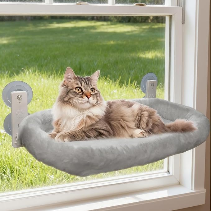 Extra Large Cat Window Perch (23.8×11.8in) - Washable 2-Season Fabric Cover, 4 Strong Suction Cups, Solid Metal Frame - Foldable Cat Hammock for Large Cats/2 Cats, Cordless Design (Grey)