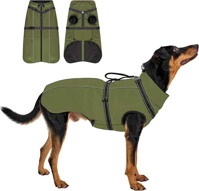 OneTigris Dog Coat with Harness - Reflective Adjustable Coats for Medium and Large Dogs, Waterproof Warm Winter Coat, Soft Heavy Fleece Lining with Back Zipper Dog Jackets