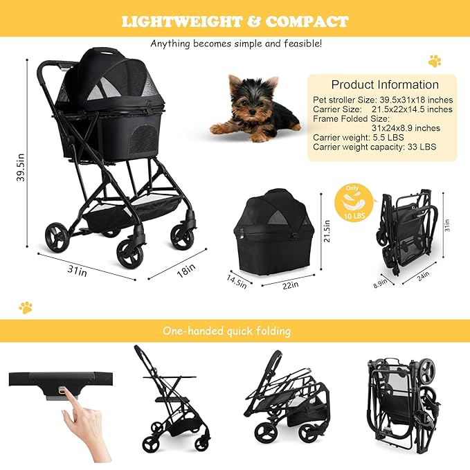 3 in 1 Dog Stroller, Lightweight Foldable Pet Stroller for Small/Medium Dogs Cats Up to 33lbs with Detachable Carrier, Storage Basket and Cup Holder - Black