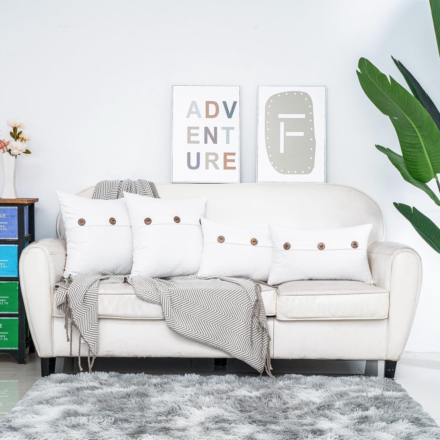 HWY 50 White Chenille Throw Pillow Covers 12x20 Inch with Triple Buttons, Soft Farmhouse Accent Decorative Cushion Cases for Couch Sofa Bed Living Room Pack of 2 Rectangle