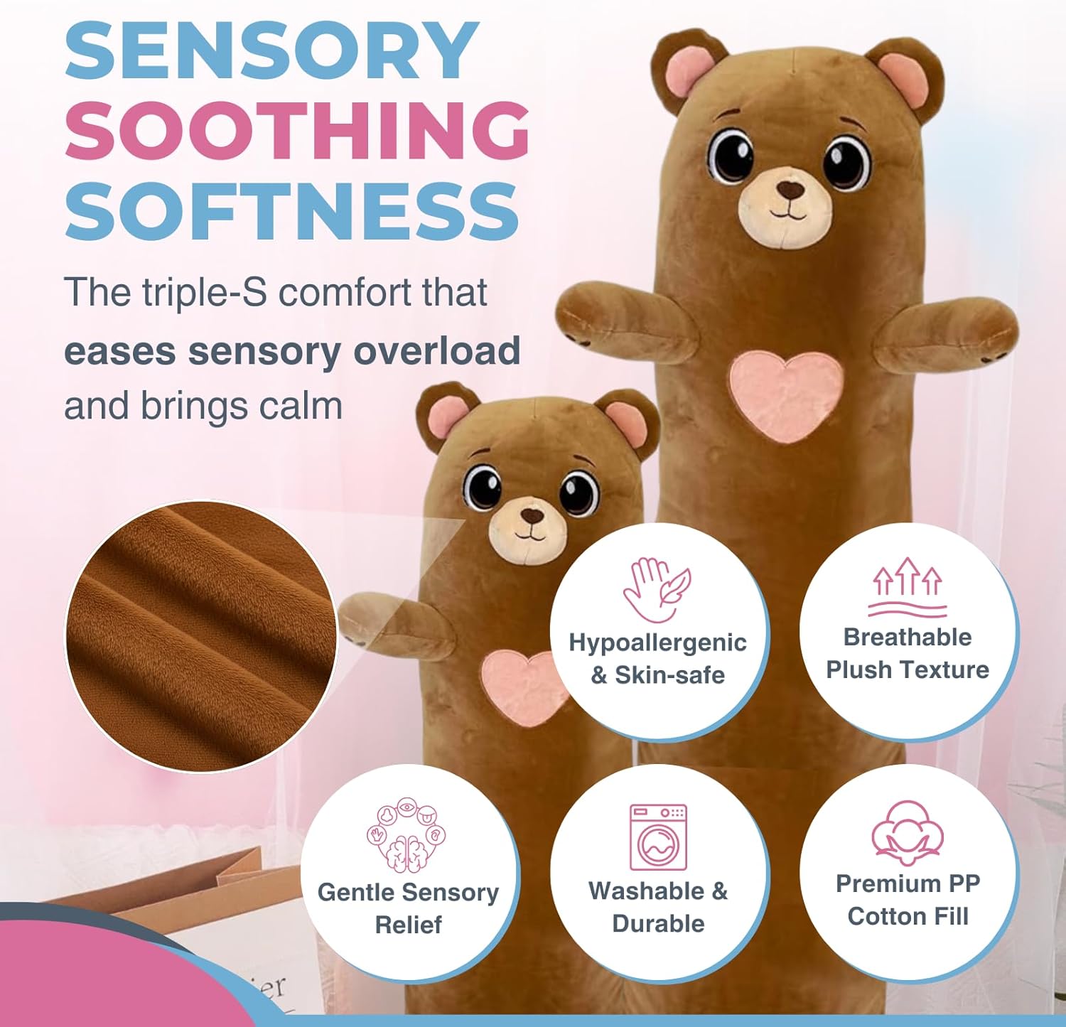 Bear Plush Body Pillow for Kids | Long Stuffed Animal Cuddle Pillow | Soft Hugging Toy | Plushie Gift for Girls & Boys | Long Plush Body Pillow for Sleep & Comfort | Small, 23 Inches