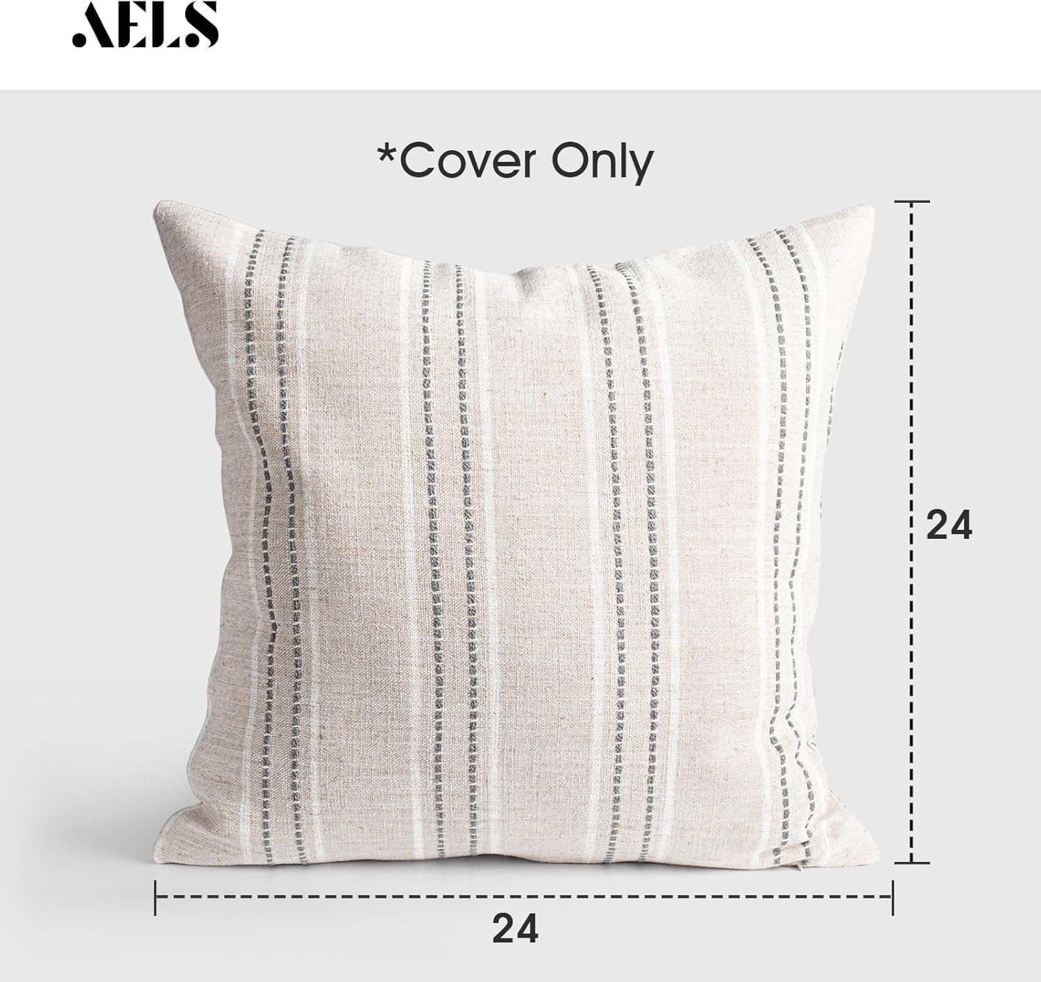 AELS 24x24 Decorative Farmhouse Linen Throw Pillow Covers, Boho Textured Pillow Case, Set of 2, Beige with White & Gray Stitch Yarn Dyed Stripe Cushion Cover for Sofa Couch Living Room (Cover ONLY)