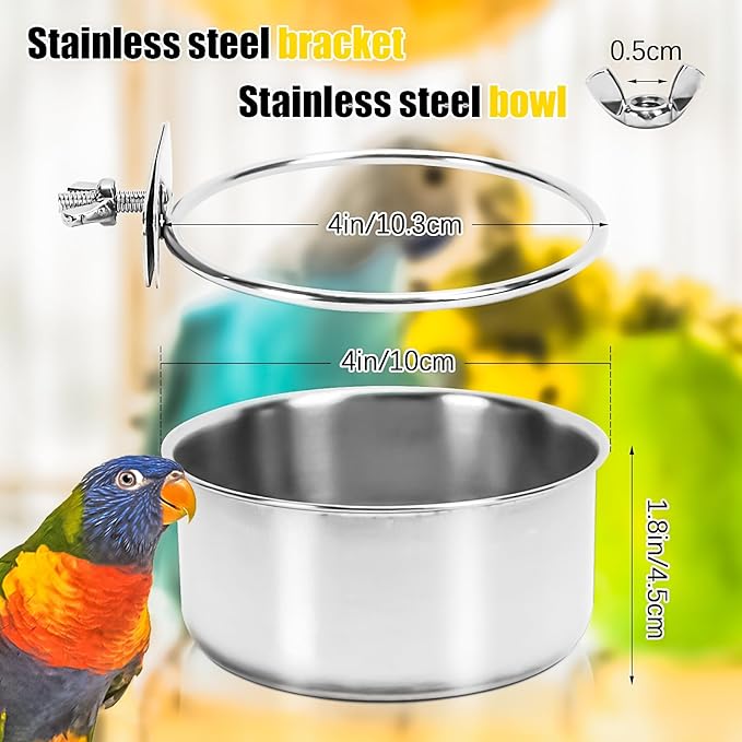 MotBach 2 Pack Bird Feeding Bowls Cups Parrot Food Water Dishes, Stainless Steel Bird Bowl Cup Dish with Clamp, Birdcage Feeder Pet Cage Bowls for Cockatiel Budgie Conure Macaw Parakeet Small Animal